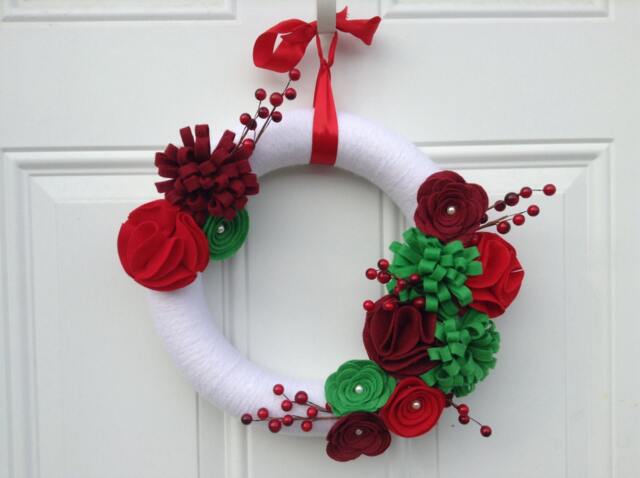 Christmas Wreath, Yarn Red, White & Green Felt Flowers, Floral Winter Holiday Wreath - image 1