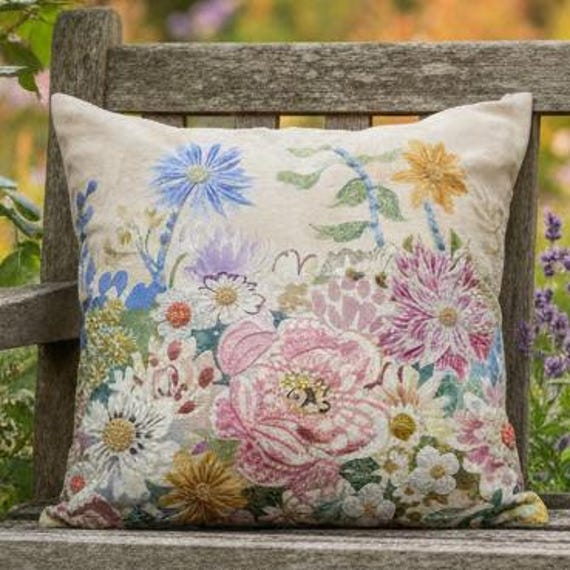 New Peony & Dahlias Embroidered Cushion, Pinks, Whites, Yellows & Blues - image 1