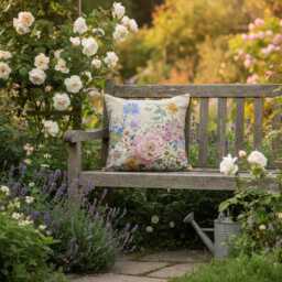 New Peony & Dahlias Embroidered Cushion, Pinks, Whites, Yellows & Blues - thumbnail 4