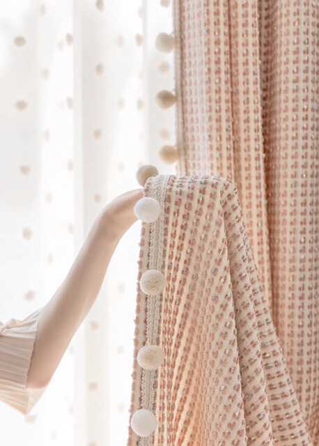 A Pair Of Checkered Chenille Kids Curtains With Pompom Trim , Pink Living Room Curtains, Nursery , Bedroom Custom Made - image 1