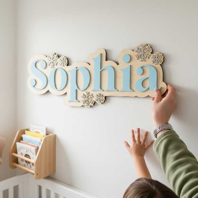 Personalised Children's Name Sign - Frozen Inspired Snow Princess Themed Double Layer Wood & Acrylic Wall Decor - image 1