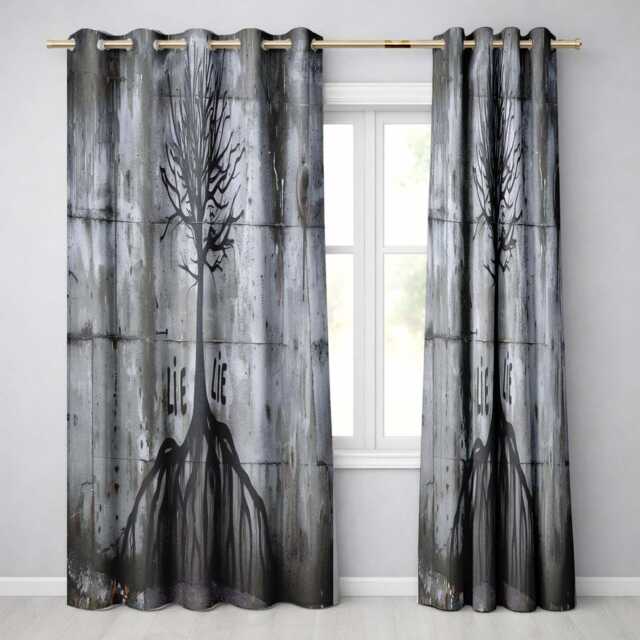 Black Rooted Tree On Grey Concrete Wall Stylish Artwork For Modern Interior Decor Readymade Eyelet Ring Top Thermal 100% Blackout Curtains - image 1