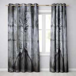 Black Rooted Tree On Grey Concrete Wall Stylish Artwork For Modern Interior Decor Readymade Eyelet Ring Top Thermal 100% Blackout Curtains - thumbnail 1
