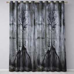 Black Rooted Tree On Grey Concrete Wall Stylish Artwork For Modern Interior Decor Readymade Eyelet Ring Top Thermal 100% Blackout Curtains - thumbnail 3