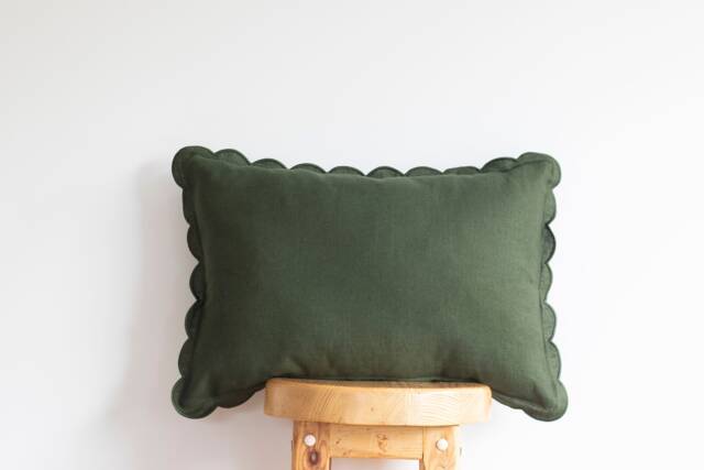 Dark Moss Green Lumbar Linen Scalloped Edge Pillow Cover - Sizes 12x18'' - 16x21'' 12x36'' 16x16'' 12x28'' - image 1