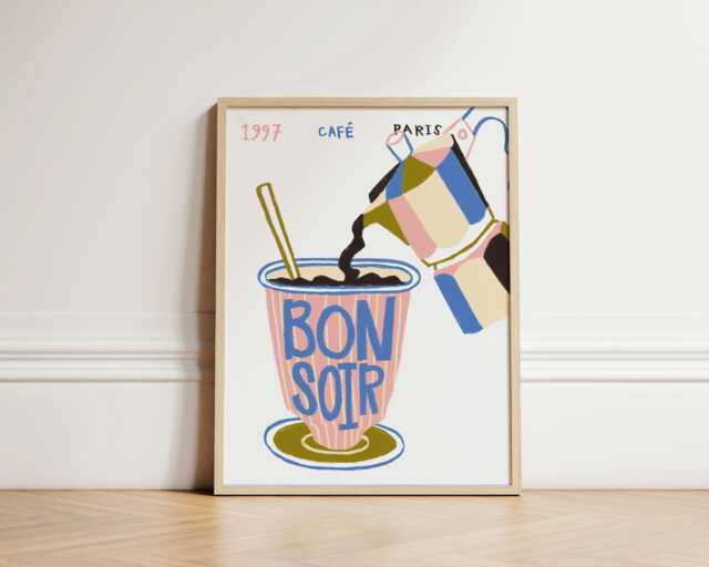 Bonsoir Coffee Print, Poster, Kitchen Wall Art, Decor, Aesthetic Apartment French Unframed - image 1