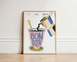 Bonsoir Coffee Print, Poster, Kitchen Wall Art, Decor, Aesthetic Apartment French Unframed - thumbnail 1