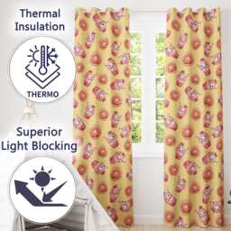 Cute Kawaii Donut & Strawberry Drink Pattern Yellow Background Seamless Readymade Eyelet Ring Top Thermal 100% Blackout Curtains - thumbnail 3