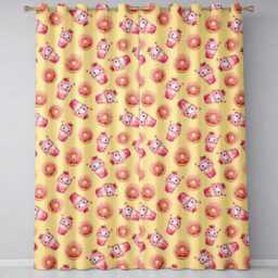 Cute Kawaii Donut & Strawberry Drink Pattern Yellow Background Seamless Readymade Eyelet Ring Top Thermal 100% Blackout Curtains - thumbnail 2