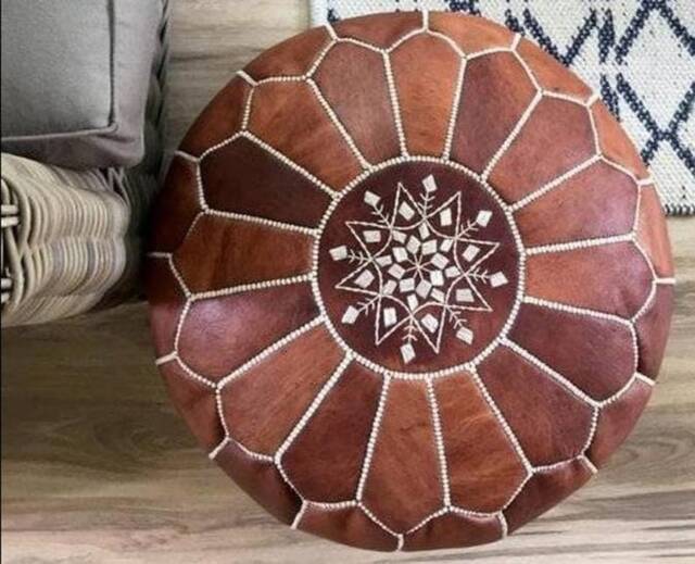Handmade Moroccan Leather Pouf Ottoman Tan, Brown Moroccan Pouf , , Leather Ottoman, Enuine - image 1