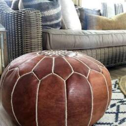 Handmade Moroccan Leather Pouf Ottoman Tan, Brown Moroccan Pouf , , Leather Ottoman, Enuine - thumbnail 2