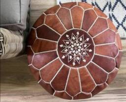 Handmade Moroccan Leather Pouf Ottoman Tan, Brown Moroccan Pouf , , Leather Ottoman, Enuine - thumbnail 1