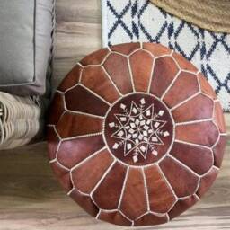 Handmade Moroccan Leather Pouf Ottoman Tan, Brown Moroccan Pouf , , Leather Ottoman, Enuine - thumbnail 3