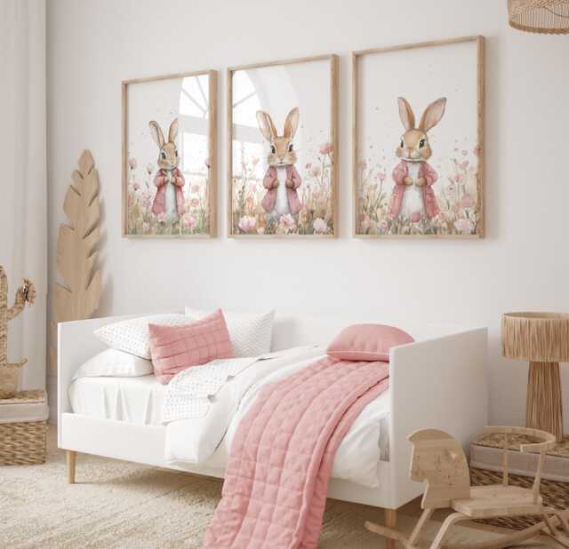 Floral Bunny Prints, Set Of 3, Girls Rabbit Rabbits, Nursery, Dusky Pink, Bedroom Nursery Prints - image 1