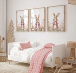 Floral Bunny Prints, Set Of 3, Girls Rabbit Rabbits, Nursery, Dusky Pink, Bedroom Nursery Prints - thumbnail 1
