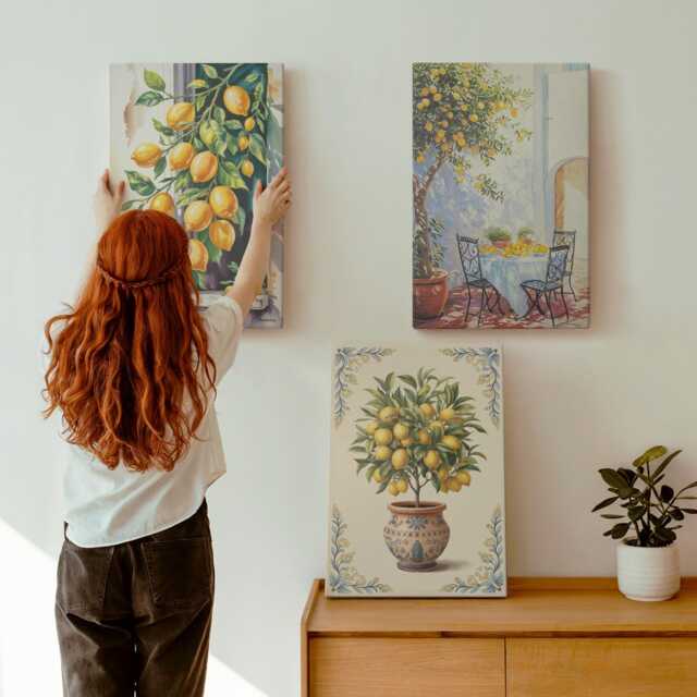 Canvas Art Set Of 3 - Lemon Trees & Fruit in A Sunny Setting, Yellow Photo Print, Plants Flowers Wall Decor - image 1