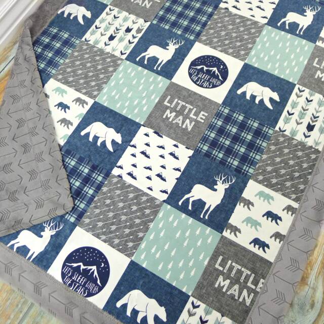 Minky Baby Blanket - Lumberjack Boy Navy Bedding Little Man Woodland Nursery Rustic - image 1
