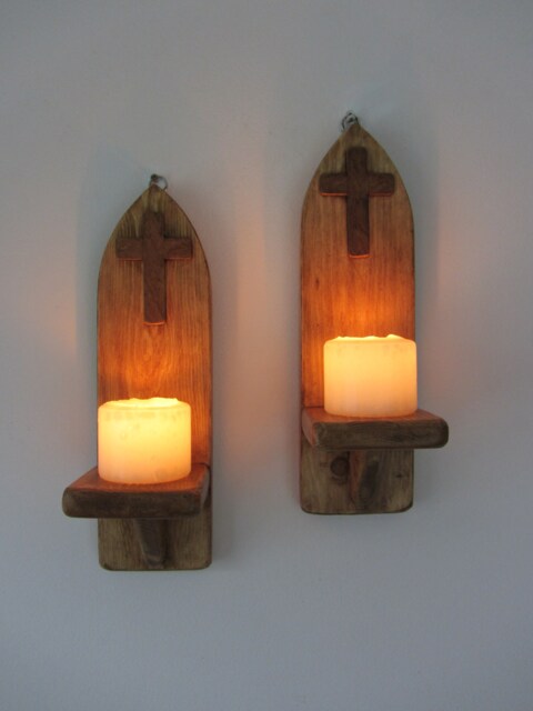 Pair Gothic Style Wall Sconce Candle Holders With Wooden Cross/Crucifix Decoration Various Sizes - image 1