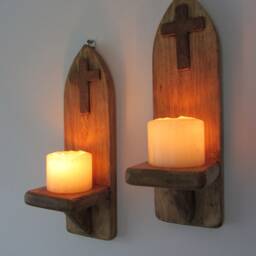 Pair Gothic Style Wall Sconce Candle Holders With Wooden Cross/Crucifix Decoration Various Sizes - thumbnail 3