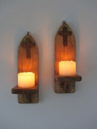 Pair Gothic Style Wall Sconce Candle Holders With Wooden Cross/Crucifix Decoration Various Sizes - thumbnail 1