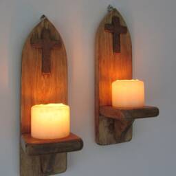 Pair Gothic Style Wall Sconce Candle Holders With Wooden Cross/Crucifix Decoration Various Sizes - thumbnail 2