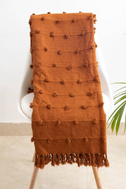 Rust Orange Chunky Knitted Handloom Cotton Throw Blanket Loops & Fringe - image 1