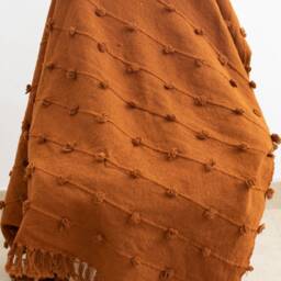 Rust Orange Chunky Knitted Handloom Cotton Throw Blanket Loops & Fringe - thumbnail 2