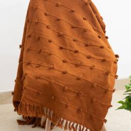 Rust Orange Chunky Knitted Handloom Cotton Throw Blanket Loops & Fringe - thumbnail 3
