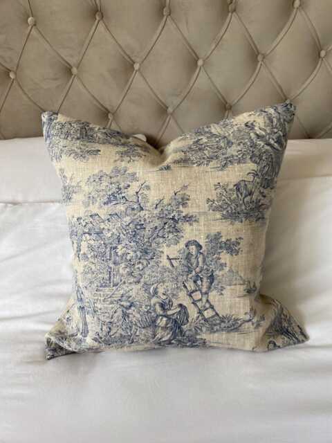 Blue Toile De Jouy Linen Cushion Cover, French Country Pillow Vintage Bedding, Farmhouse Decor