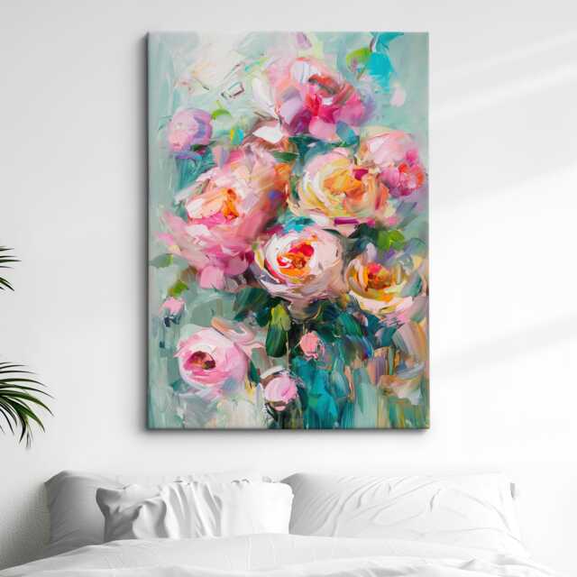 Abstract Floral Wall Art Print Blush Pink Peony Bouquet Pastel Teal Modern Canvas Or Black Framed Decor For Living Room - image 1