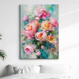 Abstract Floral Wall Art Print Blush Pink Peony Bouquet Pastel Teal Modern Canvas Or Black Framed Decor For Living Room
