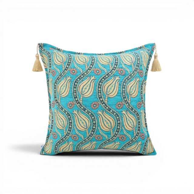 Turkish Fabric Pillow Cover 20x20, Turquoise Blue Boho Throw Pillow, Running Water Tulip Pattern Decorative Sofa Accent Ethnic Cushion Case - image 1