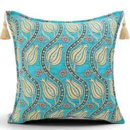 Turkish Fabric Pillow Cover 20x20, Turquoise Blue Boho Throw Pillow, Running Water Tulip Pattern Decorative Sofa Accent Ethnic Cushion Case - thumbnail 2