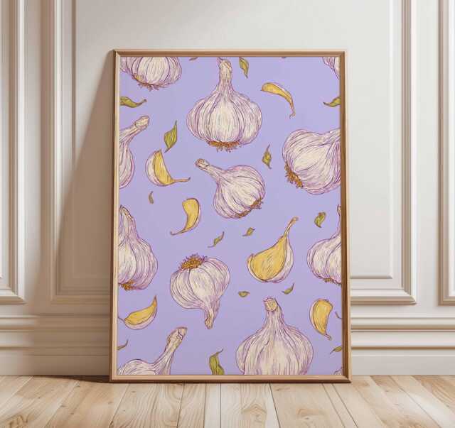 Garlic Kitchen Poster, Modern Botanical Wall Art Print, Purple Food Illustration, Rustic Farmhouse Culinary Decor - image 1