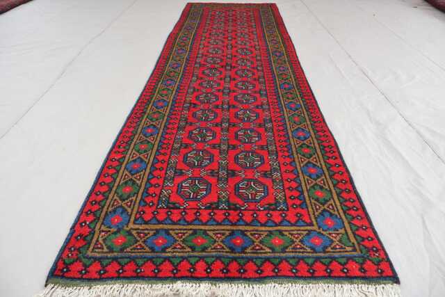 2'5x9'4 Turkmen Bukhara Runner Rug, Afghan Handmade Wool Red Green Blue Natural Veg Dyes Oriental Tribal Carpet Hallway Rug - image 1