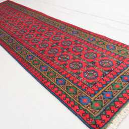 2'5x9'4 Turkmen Bukhara Runner Rug, Afghan Handmade Wool Red Green Blue Natural Veg Dyes Oriental Tribal Carpet Hallway Rug - thumbnail 2