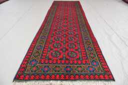 2'5x9'4 Turkmen Bukhara Runner Rug, Afghan Handmade Wool Red Green Blue Natural Veg Dyes Oriental Tribal Carpet Hallway Rug - thumbnail 1
