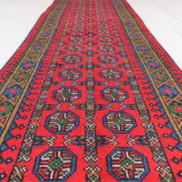 2'5x9'4 Turkmen Bukhara Runner Rug, Afghan Handmade Wool Red Green Blue Natural Veg Dyes Oriental Tribal Carpet Hallway Rug - thumbnail 3