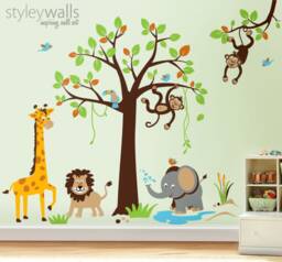 Safari Jungle Animals Wall Decal, Tree Set Decal Sticker, Nursery Kids Playroom Decor, Monkey Giraffe Elephant Lion