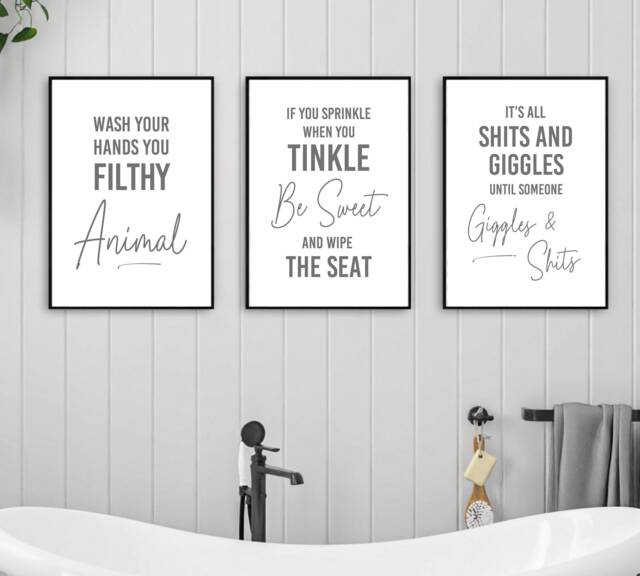 Set Of 3 Bathroom Prints, Grey Quote, Funny Decor, Wall Art, Wash Your Hands - image 1