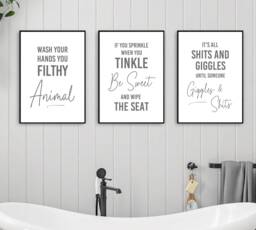 Set Of 3 Bathroom Prints, Grey Quote, Funny Decor, Wall Art, Wash Your Hands - thumbnail 1