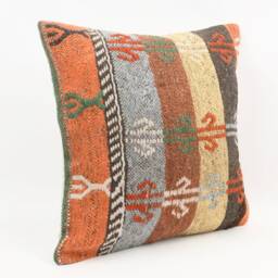 Handmade Turkish Kilim Pillow Embroidered Wool Cushion Cover - 18''x18'' - thumbnail 3