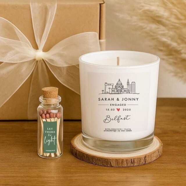 Personalised Belfast Engagement Candle - 100% Natural Custom Aromatherapy Soy Wax Gift With Match Bottle - image 1