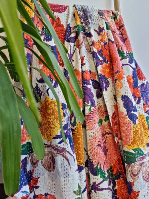 Kantha Stitch Pure Cotton Reversible Bed/Sofa Throw King Size Handmade Dohar Quirky White Purple Orange Floral Bloom Botanical - image 1