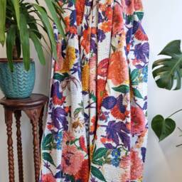 Kantha Stitch Pure Cotton Reversible Bed/Sofa Throw King Size Handmade Dohar Quirky White Purple Orange Floral Bloom Botanical - thumbnail 3