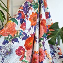 Kantha Stitch Pure Cotton Reversible Bed/Sofa Throw King Size Handmade Dohar Quirky White Purple Orange Floral Bloom Botanical - thumbnail 2