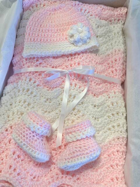 Handmade Pink & White Crochet Baby Blanket - Soft Ripple Girl Gift Newborn Shower Nursery Decor - image 1