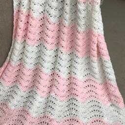 Handmade Pink & White Crochet Baby Blanket - Soft Ripple Girl Gift Newborn Shower Nursery Decor - thumbnail 3