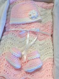Handmade Pink & White Crochet Baby Blanket - Soft Ripple Girl Gift Newborn Shower Nursery Decor - thumbnail 1