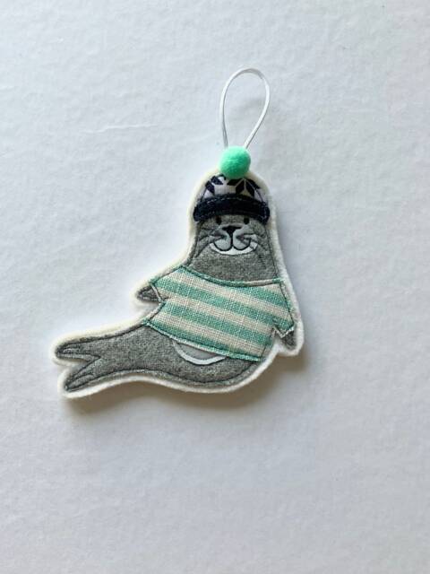 Seal Christmas Decoration, Ornament, Breton Stripe, Tree, Hanging Woolly Hat, Bobble Fabric, Embroidery Art - image 1